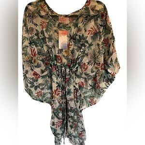 Sunflower Green Tropical Print Half Sheer Caftan Tunic Dress Cover up OS NewTags